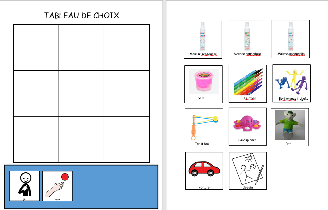 Tableau de choix et pictogrammes (exemple)